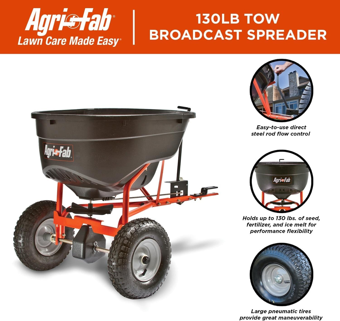 100-Pound Tow-Behind Broadcast Spreader for Lawn Tractors and ATVs with 10-Foot Spread Width