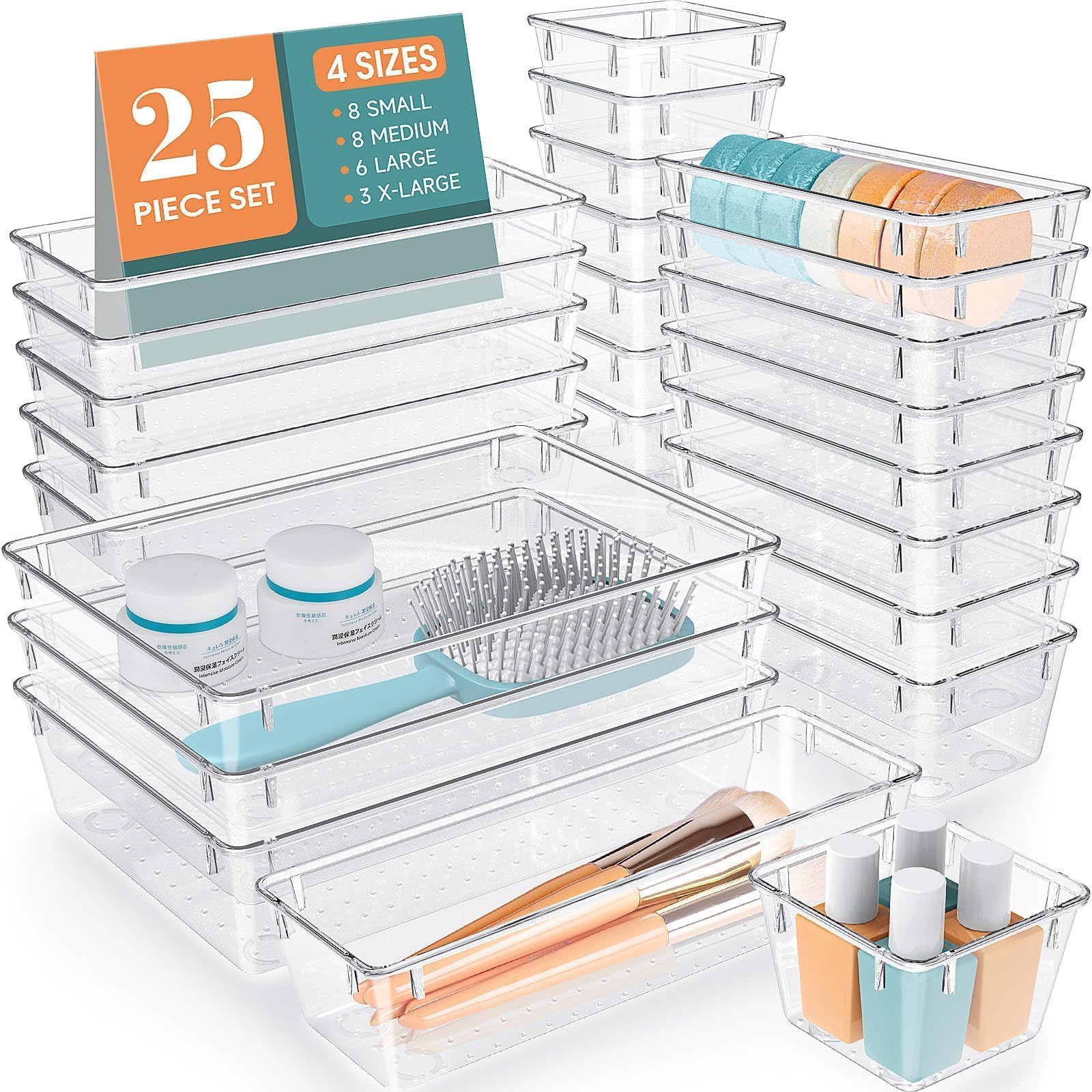 25PCS Clear Drawer Organizer Set, 4 Sizes Storage Bins for Makeup, Kitchen & Office