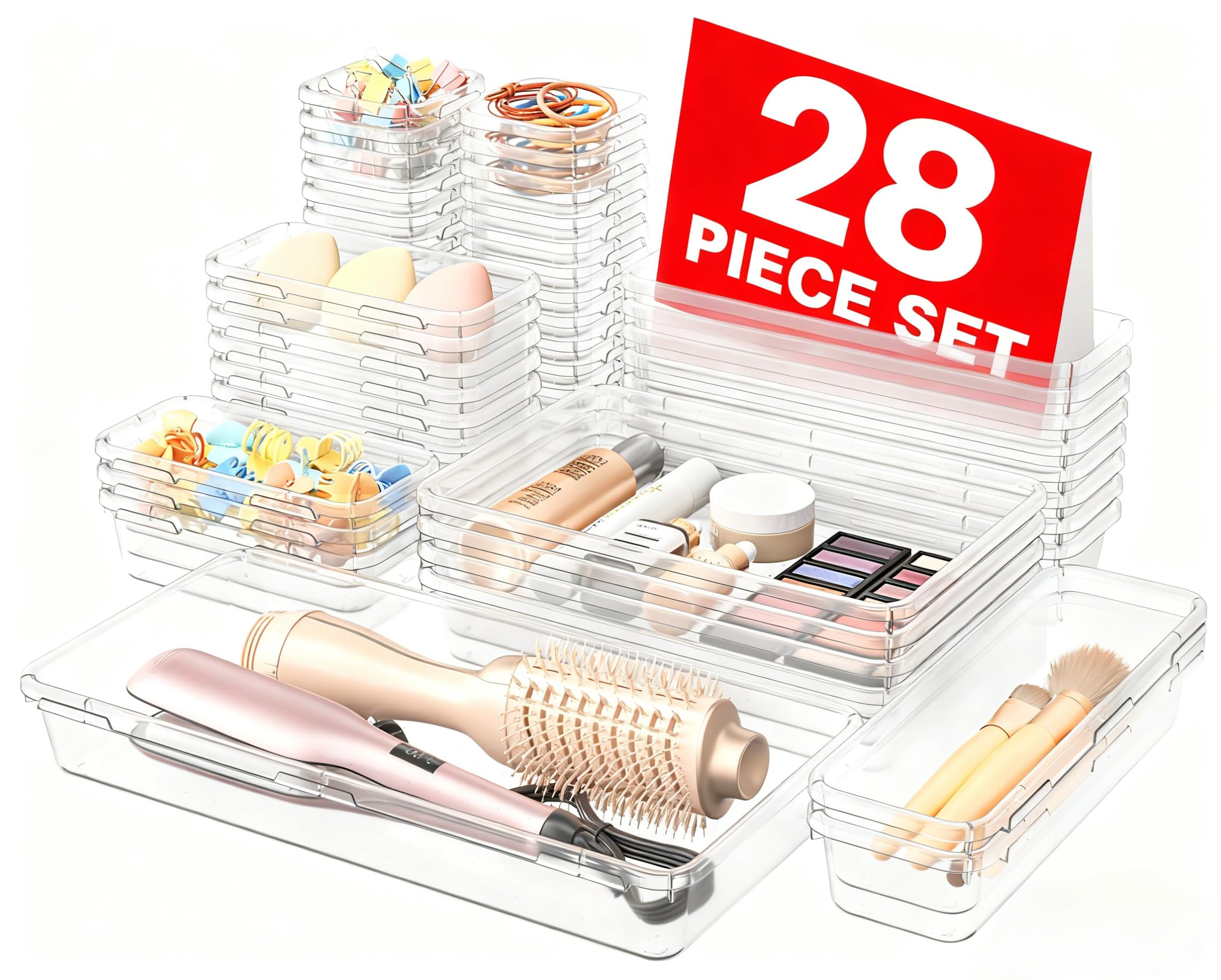 Drawer Organizer Set with 5 Sizes, Holds 177 Items for Makeup & Bathroom Storage