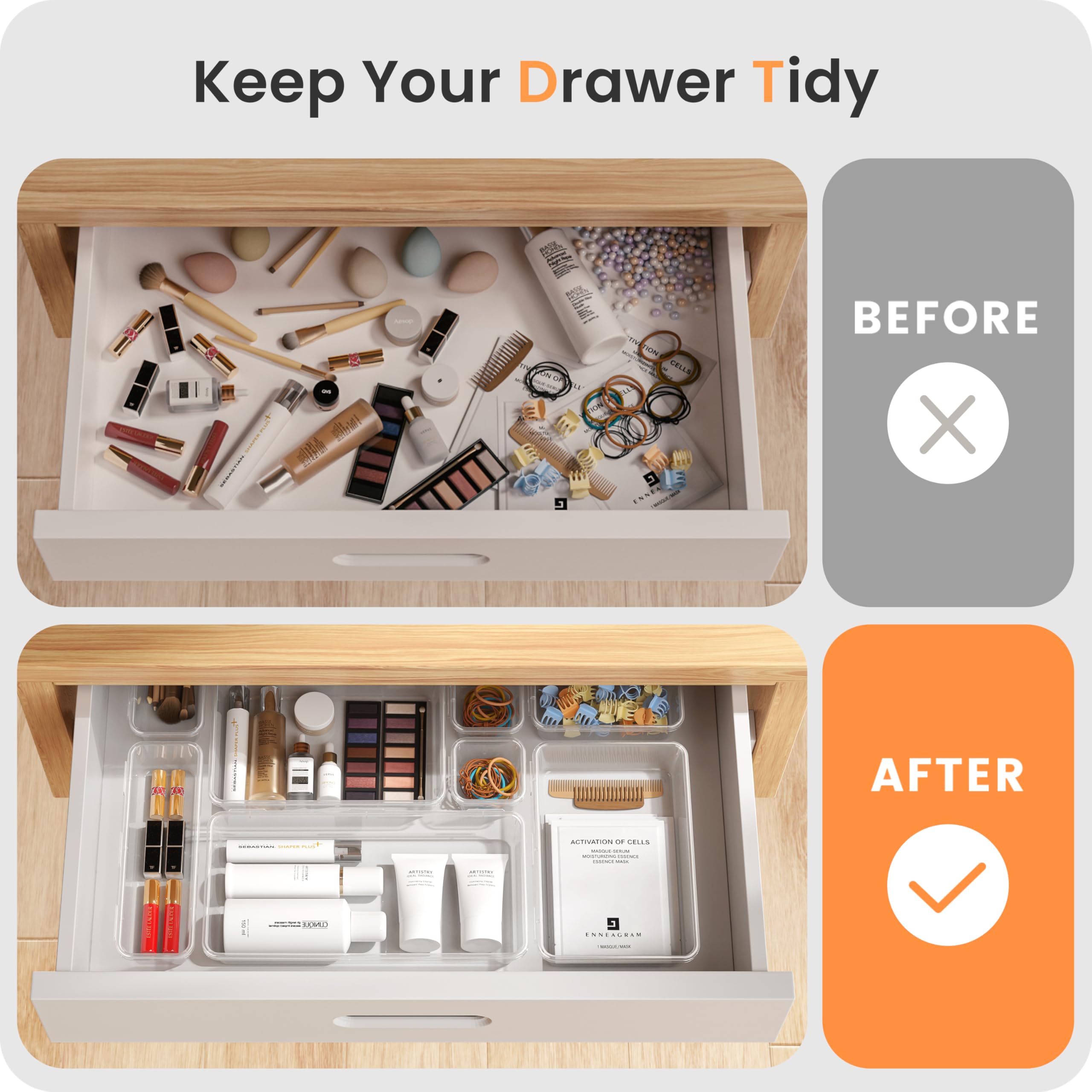 Drawer Organizer Set with 5 Sizes, Holds 177 Items for Makeup & Bathroom Storage