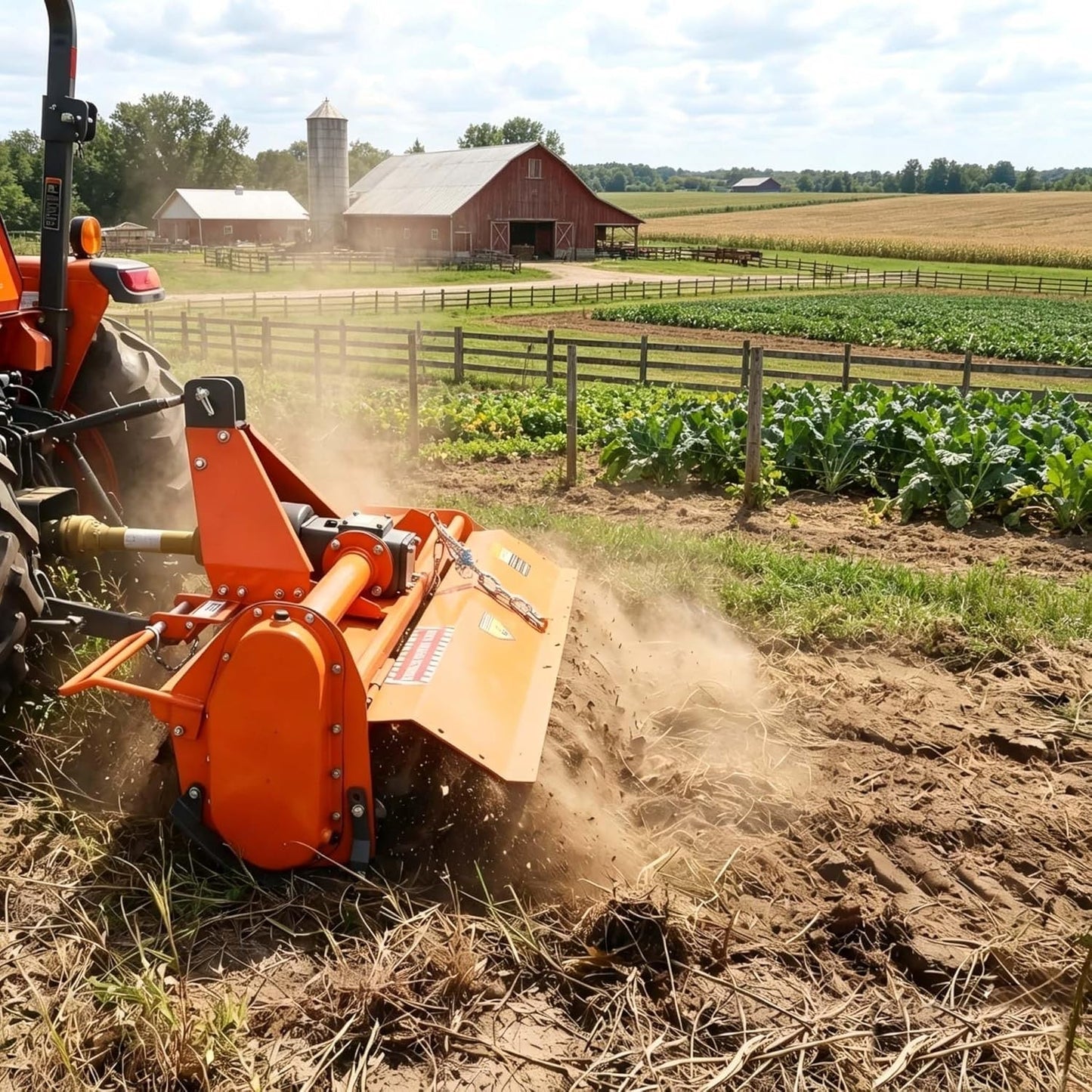 36-Inch Rear PTO Rotary Tiller Attachment for Garden Tractors with Slip-Clutch and 7-Inch Tilling Depth