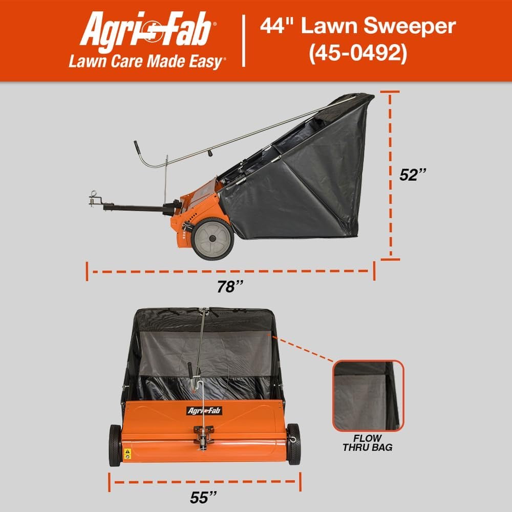 44-Inch Tow-Behind Lawn Sweeper with 25 cu. ft. Mesh Hopper and Ground-Driven Brushes